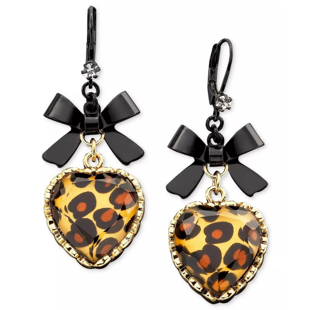 New‎ Betsy Johnson Leopard Heart Drop Earrings with Black Bows Crystal
